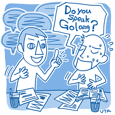 風刺画のイラスト。複雑な言葉を喋っている人物に対して、理解できていない相手方が「Do you speak Golang?（プログラミング言語の一種）」と突っ込んでいる