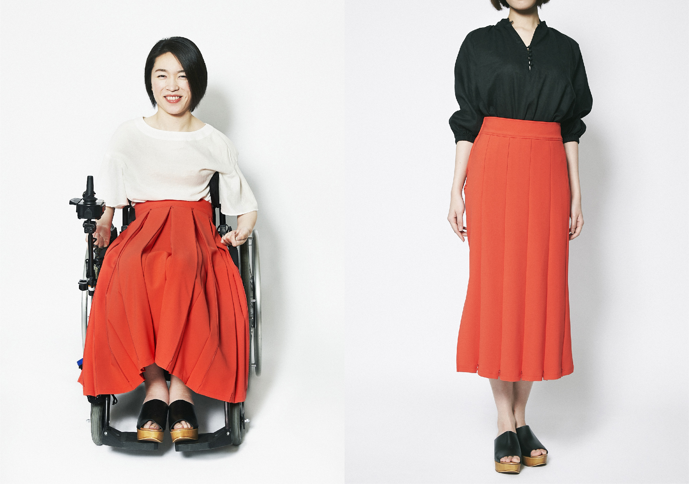 041のオレンジ色のスカートを履いた女性