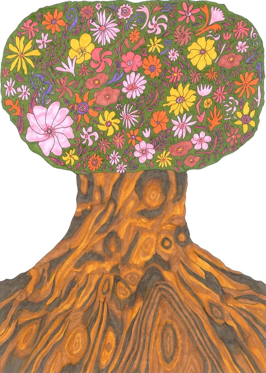 カラフルな花が咲いている大きな木のイラスト