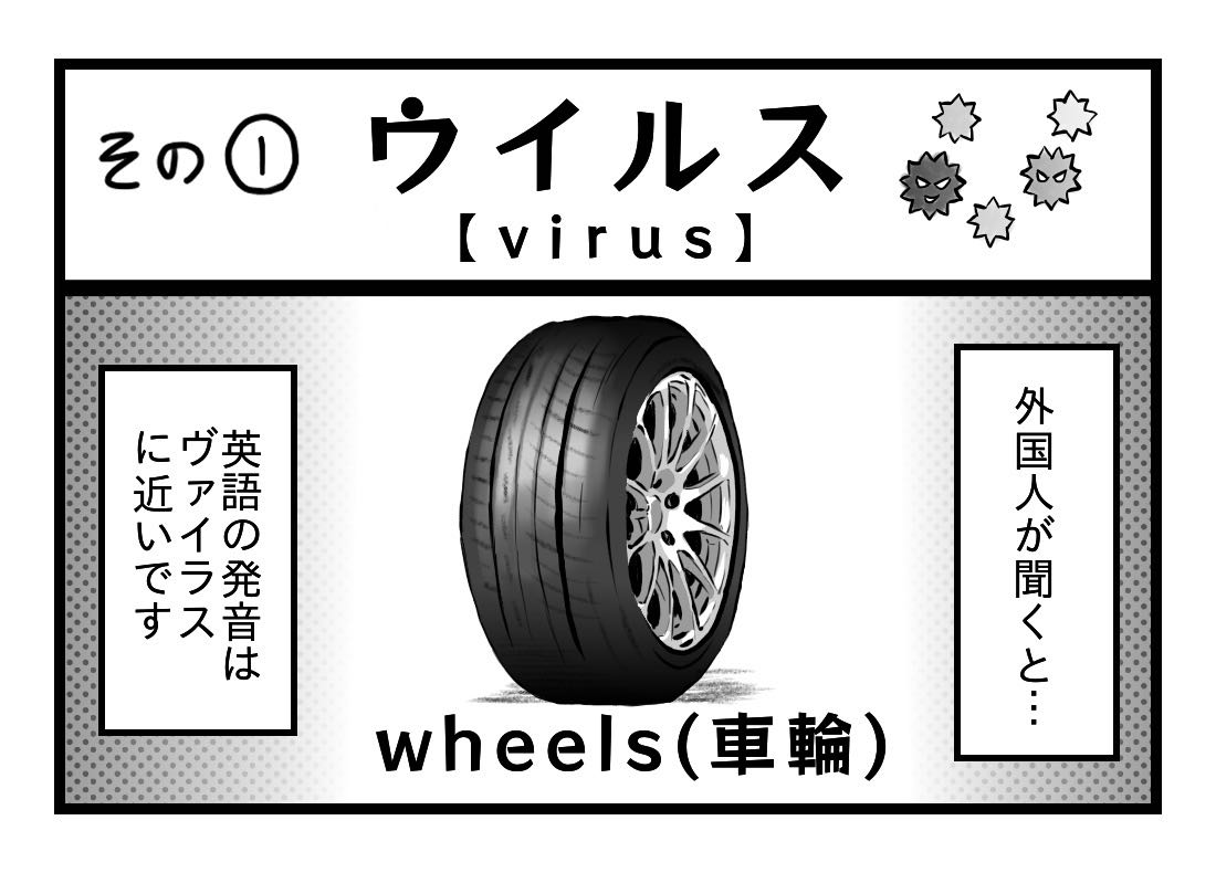 例1、ウイルスは、外国人が聞くと、wheels、日本語で車輪と誤解される。英語の発音は、ヴァイラスに近い。