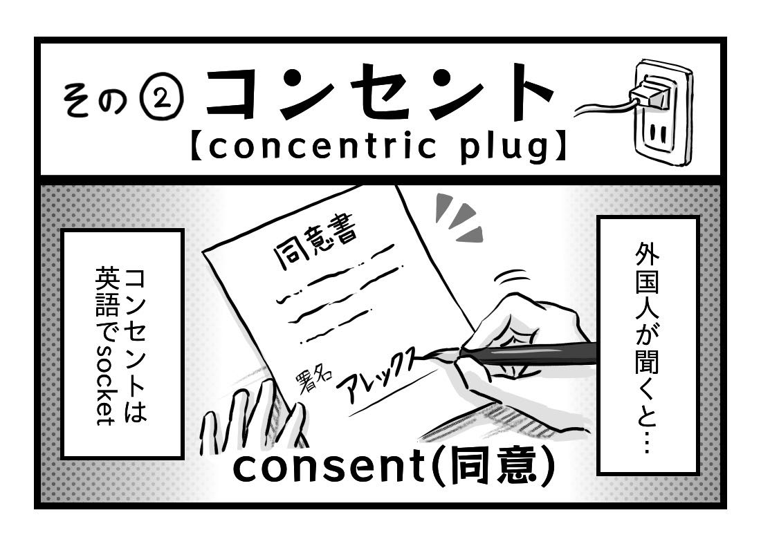 例2、コンセントは、外国人が聞くと、consent、日本語で同意と誤解される。英語では、socketという。