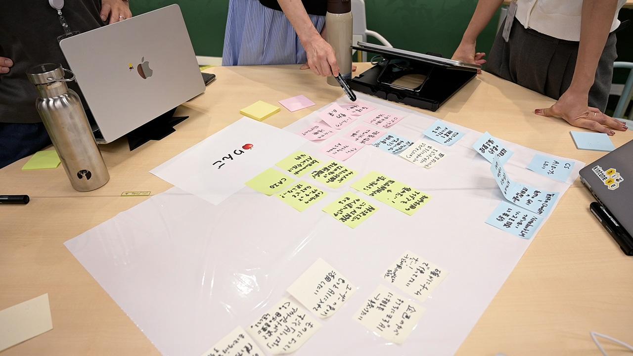 机の上に広げられた模造紙に、意見が書かれた付箋が貼られている写真